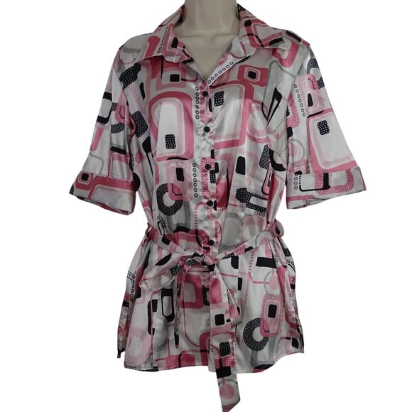 Cato Retro Print Satin Look Button Up Top Women Size 14W 16W Belted FLAW - Picture 1 of 11